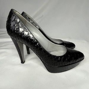 Sergio Rossi Black Leather Python Embossed Platform Stilettos 37.5 US7.5 Italy
